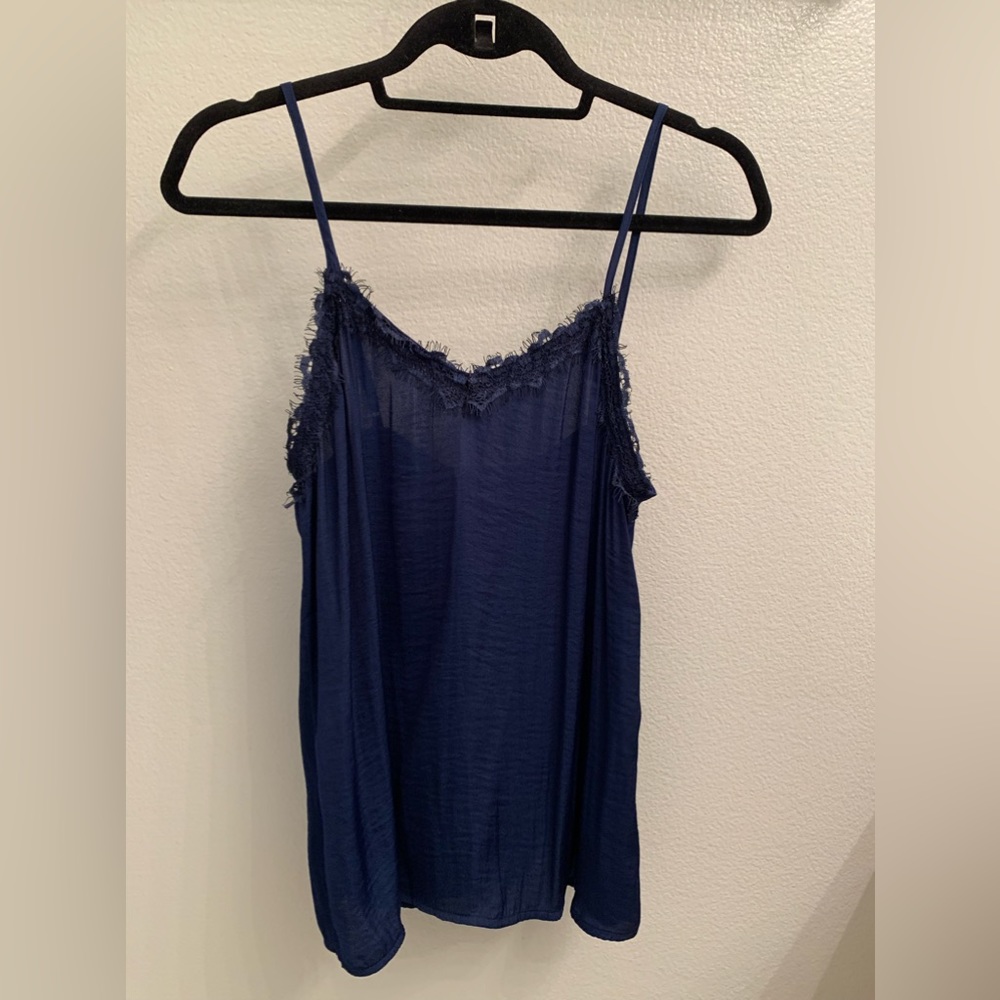 M.Fredric Navy Lace Cami, 100% polyester.